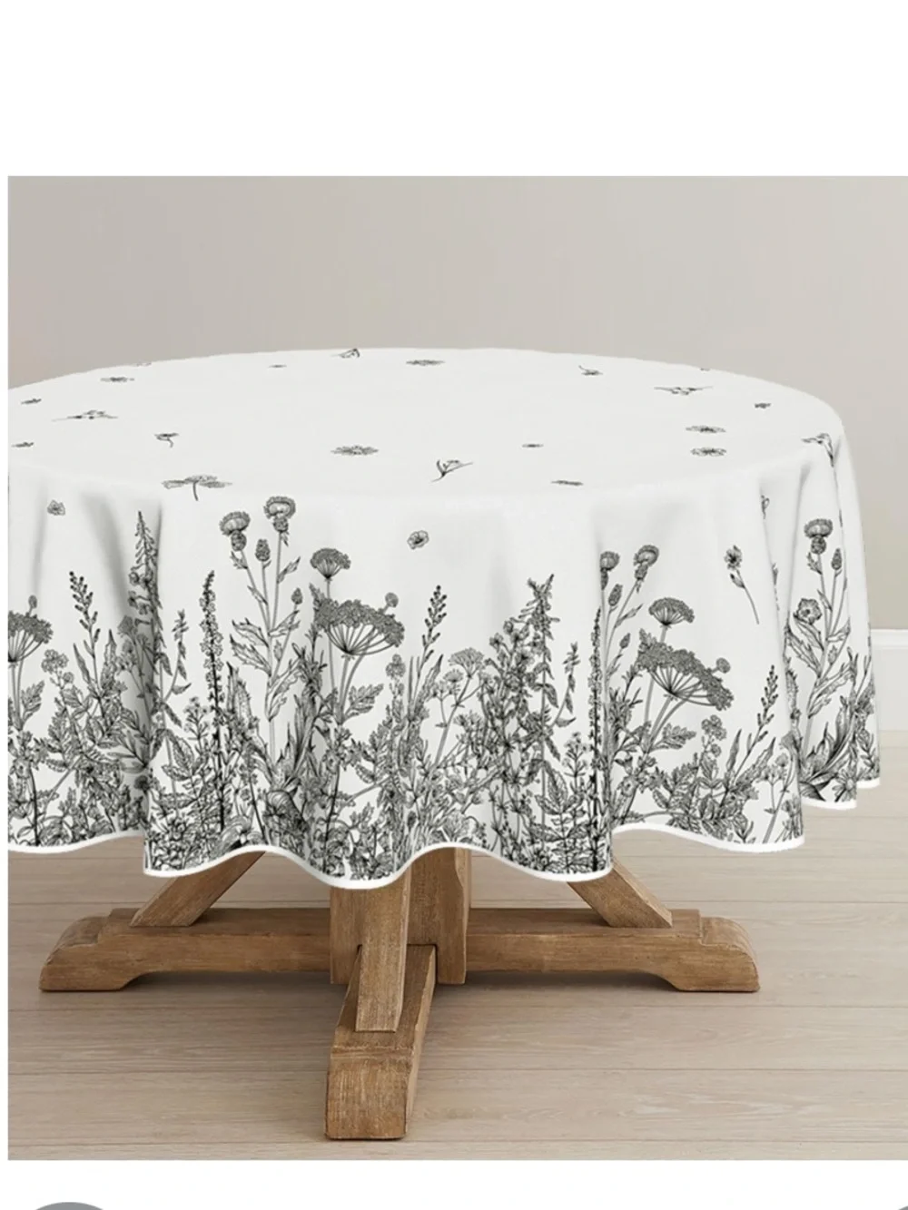 Spring Summer Wildflower Tablecloth 100% Spun Polyester 60” Round - BLACK WHITE